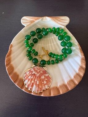 Anthropologie Green Jade Beaded Shell Pendant Necklace